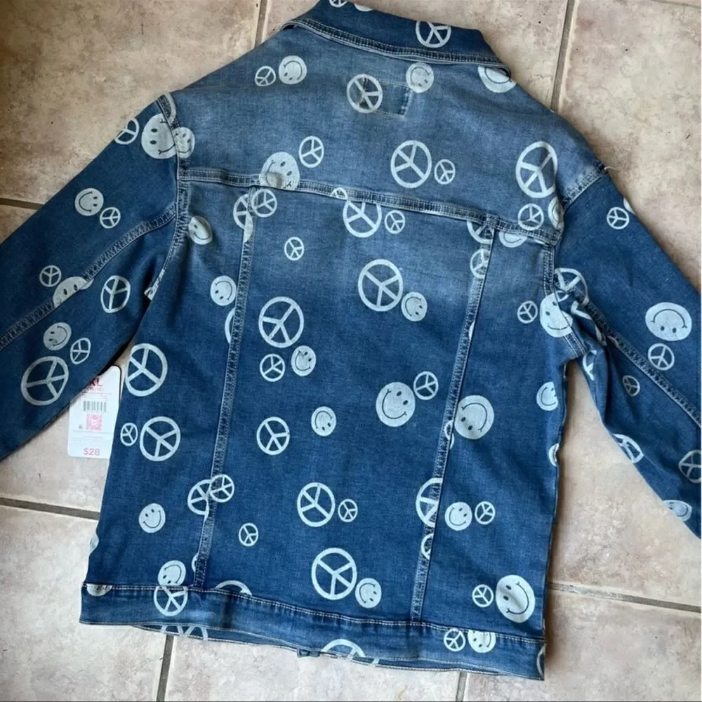 Stranger Things X Justice Girls Jean Jacket | Peace & Smiley Faces | M | 7-8